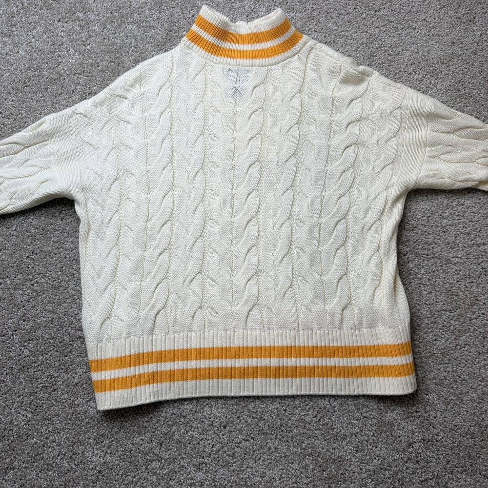 Lands' End Sweater Womens Medium White Cable Knit 1/4 Zip Mock Neck Striped Hem - Picture 4 of 8